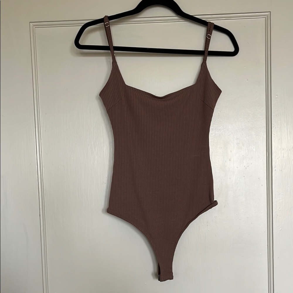 Brown Square Neck Ribbed Thong Bodysuit